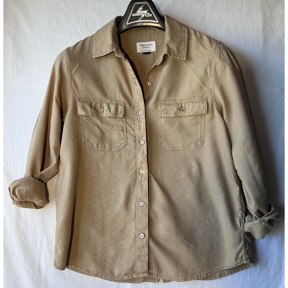 American Eagle Shirt Linen Blend Oversized Casual Button Down LS Top Women Sz XS